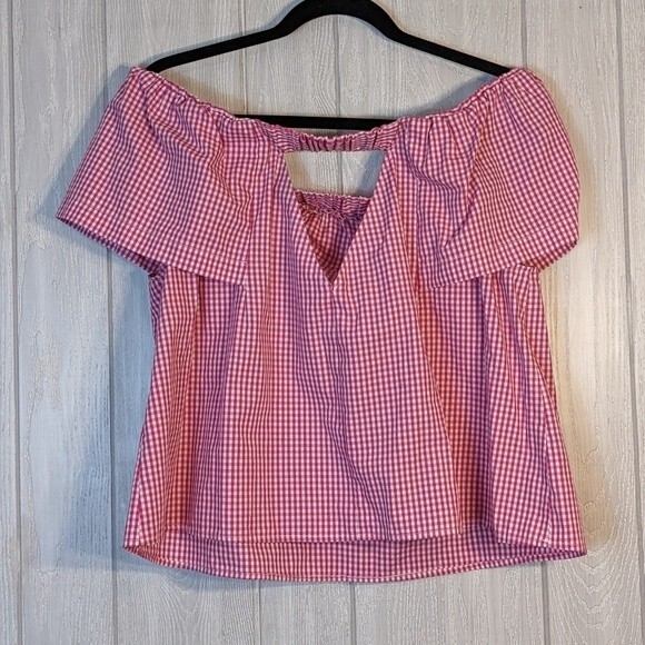 TOPSHOP Maggie Bardot Gingham Pink White Checkered Plaid Off the Shoulder SZ 8 - Picture 5 of 7